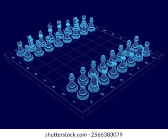 Chess board with a blue background and a blue chess set. The chess pieces are scattered across the board, with some of them being in the middle of the board and others near the edges