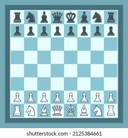 Chess board in blue colors and chess pieces. Vector illustration