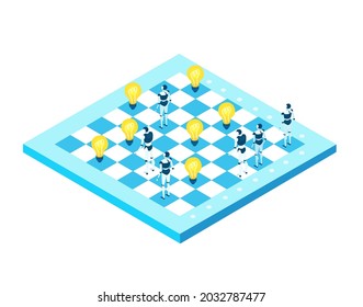 Chess board and business people playing game with robots. Isometric environment design. Solving problems, finding solutions and helping each other. Global business