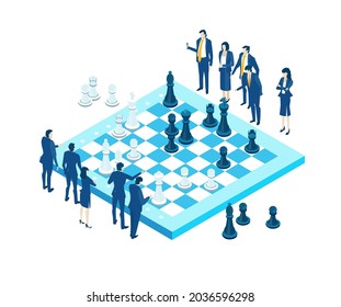 Chess board and business people playing the game. Isometric environment design with lots of business people solving problems, finding solutions and helping each other. Global business