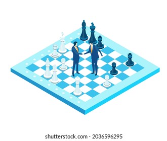 Chess board and business people shaking hands. Isometric environment design with lots of business people working in office, solving problems, finding solutions and helping each other. Global business