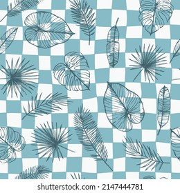 Chess board check pattern tropical sketchy leaves print  art illustration