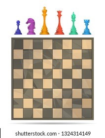 Chess board. Chessboard game table with chess pieces, knight bishop rook queen pawn figures isolated on white background