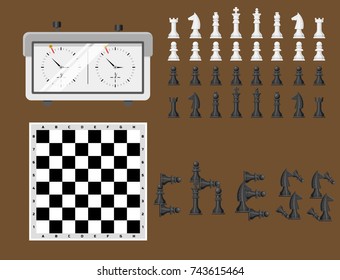 Chess board and chessmen leisure concept knight group white and black piece competition vector illustration