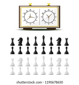 Chess board and chessmen vector leisure concept knight group white and black piece competition