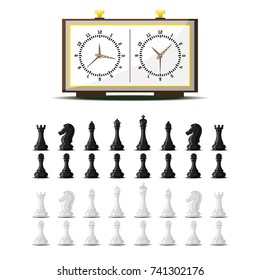 Chess board and chessmen vector leisure concept knight group white and black piece competition