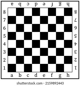 Chess board design template. Black wooden chessboard background with letters and numbers. Vector mockup