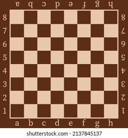 Chess board design template. Brown wooden chessboard background with letters and numbers. Vector mockup