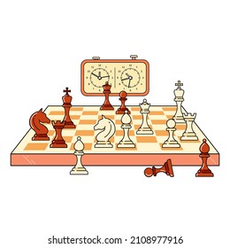 Chess board with chess during the game. Against the background of a chess clock. Chess game concept. Illustration with isolated white background. Vector graphics.