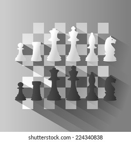 Chess Board with Chess Figure. vector illustration with long shadow.