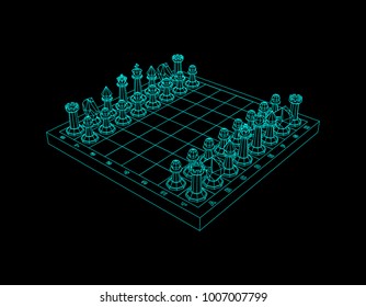 Chess board with figures. Isolated on black background. Vector outline illustration.