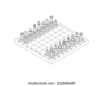 Chess board with figures. Isolated on white background. Vector outline illustration.