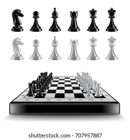 Chess board with figures isolated on white photo-realistic vector illustration