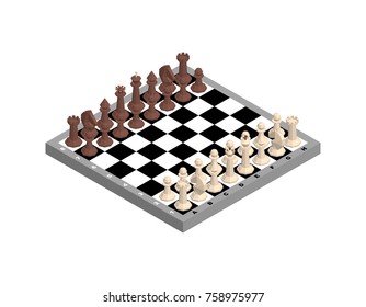 Chess board with figures. Isolated on white background. 3d Vector illustration. Isometric projection.