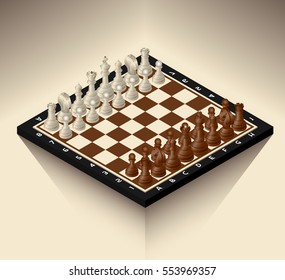 chess board with figures of isometric on an abstract background
