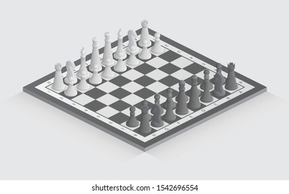Chess board with figures in isometric style on a simple background. All figures are autonomous, they can be arranged at will and need.