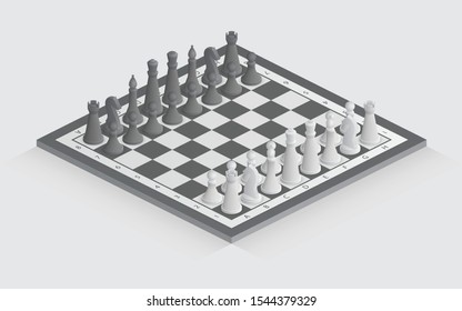Chess board with figures in isometric style on a simple background. All figures are autonomous, they can be arranged at will and need.