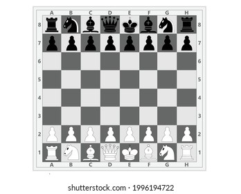 chess board with figurines, everything is in black and white, isolated on white backgrounds
