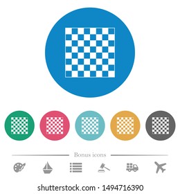 Chess board flat white icons on round color backgrounds. 6 bonus icons included.