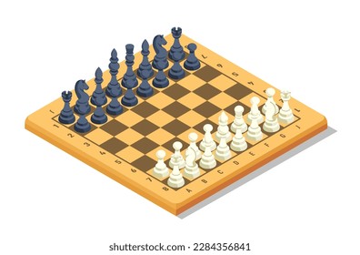 Chess board game between two players, isolated playing surface with pieces. Strategy and thinking skills improvement, entertainment and fun, leisure and activities for rest. Vector in flat style