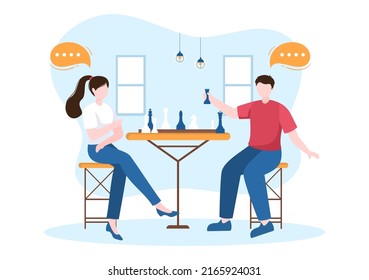 Chess Board Game Cartoon Background Illustration with Two People Sitting Across From Each Other and Playing for Hobby Activity in Flat Style