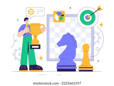 Chess Board Game Illustration with Black and White Pieces Representing Strategic Market Moves and Competitive Analysis for Success in a Background
