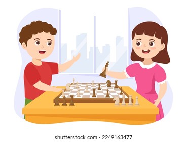 Chess Board Game Illustration with Kids Sitting Opposite and Playing for Web Banner or Landing Page in Flat Cartoon Hand Drawn Templates 