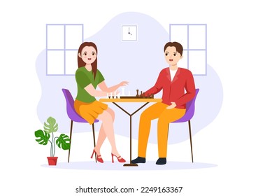 Chess Board Game Illustration with People Sitting Opposite and Playing for Web Banner or Landing Page in Cartoon Hand Drawn Templates 