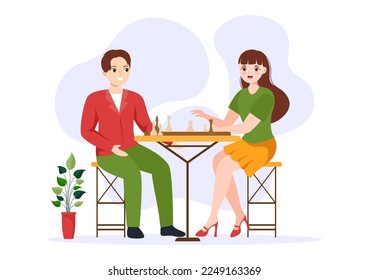 Chess Board Game Illustration with People Sitting Opposite and Playing for Web Banner or Landing Page in Cartoon Hand Drawn Templates 