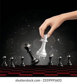 Chess board with Hand Play and Checkmate black king success concept vector Background.