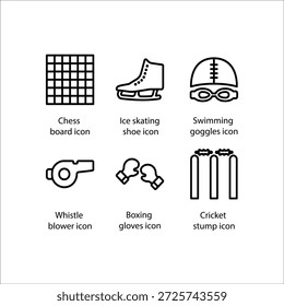 Tabuleiro de xadrez, Sapato de patinação no gelo, Óculos de natação, Soprador de apito, Luvas de boxe, Cesto de críquete, ícone