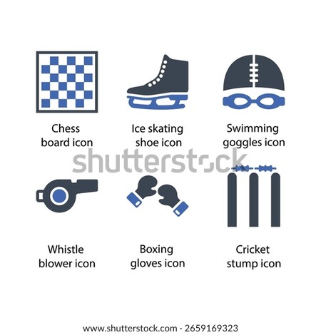 Chess board, Ice skating shoe, Swimming goggles, Whistle blower, Boxing gloves, Cricket stump, icon
