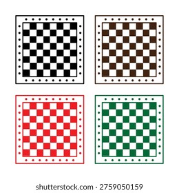 Chess board icon set featuring four color variations in black brown red and green for strategy gaming vector illustration.