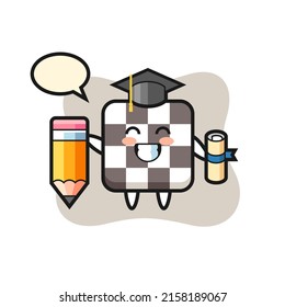 chess board illustration cartoon is graduation with a giant pencil , cute style design for t shirt, sticker, logo element