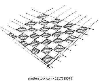 Chess board linear drawing. Black and white cells. Mottled texture. Chess background