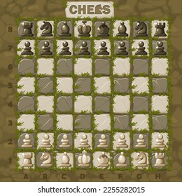 CHESS board made of stones on the ground and set chess figures