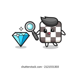 chess board mascot is checking the authenticity of a diamond , cute style design for t shirt, sticker, logo element