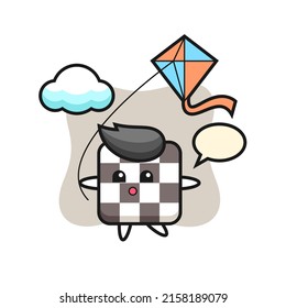 chess board mascot illustration is playing kite , cute style design for t shirt, sticker, logo element