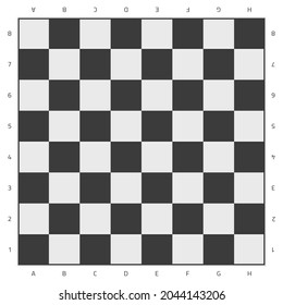 Chess board with numbers and letters. Checkered black chessboard in flat style. Top view. Vector illustration. EPS 10.