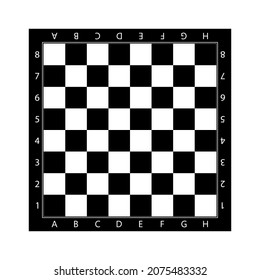 Chess board. Pattern of chessboard. Checkerboard for chess. Black-white check texture for game. Background chessboard with letters and numbers. Wood square for checkmate. Icon of table. Vector.