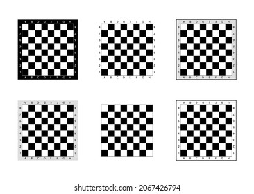 Chess board. Pattern of chessboard. Set of checkerboards. Black-white check texture for game. Background chessboard with letters and numbers. Wood square for checkmate. Vector.