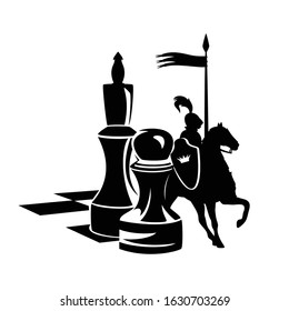 chess board with pawn and king figures and a real life royal knight riding a horse black and white vector design