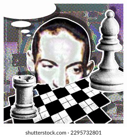 chess board pawns and thinking. cover art design