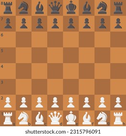 Chess board with chess pieces. Chess pieces in 3d style. Vector illustration.