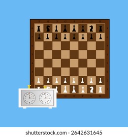 chess board with chess pieces arranged for the start of a game with a chess clock in front of them on a blue background