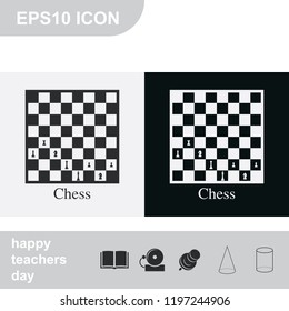 Chess board and pieces flat black and white vector icon.