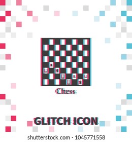 Chess board and pieces  glitch effect vector icon.
