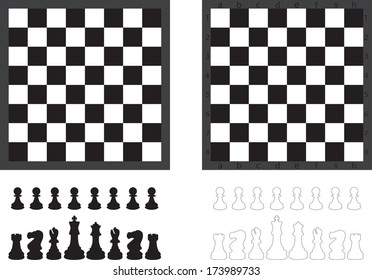Chess board and pieces illustrated on white