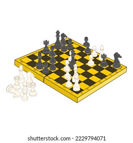 Chess board with chess pieces illustration. Isolated on white background.