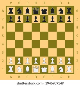 Chess board with pieces. The position corresponds to the beginning of the game. Vector isolated. All elements are grouped and can easily be changed. svg